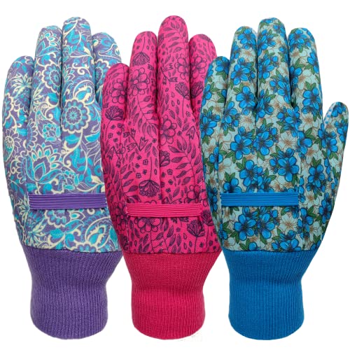 JUMPHIGH 4 Pairs Garden Gloves for Women, Floral Gardening Gloves with Non-Slip PVC Dots, Ladies Soft Breathable Yard Work Gloves Light Working Gloves, Elastic Knit Wrist, Large