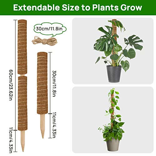 Sukh Moss Totem Pole - Moss Pole for Plants Monstera 2 Pcs 15.7 Inch Coco Coir Pole for Climbing Indoor Potted Plants Training Grow Upwards with Jute String Moss Stick for Plant Support Extension