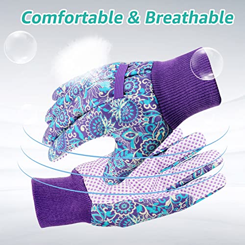 JUMPHIGH 4 Pairs Garden Gloves for Women, Floral Gardening Gloves with Non-Slip PVC Dots, Ladies Soft Breathable Yard Work Gloves Light Working Gloves, Elastic Knit Wrist, Large