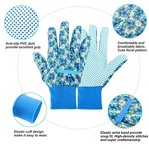 JUMPHIGH 4 Pairs Garden Gloves for Women, Floral Gardening Gloves with Non-Slip PVC Dots, Ladies Soft Breathable Yard Work Gloves Light Working Gloves, Elastic Knit Wrist, Large