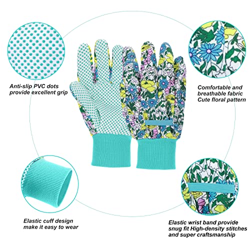 JUMPHIGH 4 Pairs Garden Gloves for Women, Floral Gardening Gloves with Non-Slip PVC Dots, Ladies Soft Breathable Yard Work Gloves Light Working Gloves, Elastic Knit Wrist, Large