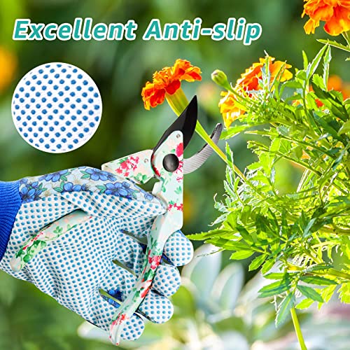 JUMPHIGH 4 Pairs Garden Gloves for Women, Floral Gardening Gloves with Non-Slip PVC Dots, Ladies Soft Breathable Yard Work Gloves Light Working Gloves, Elastic Knit Wrist, Large